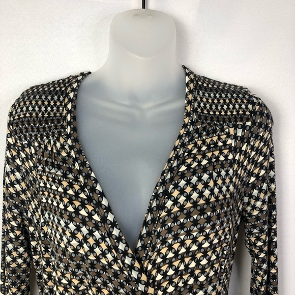 Plenty by Tracy Reese Tan & Black Printed Faux Wrap Long Sleeve Dress S - Picture 4 of 8